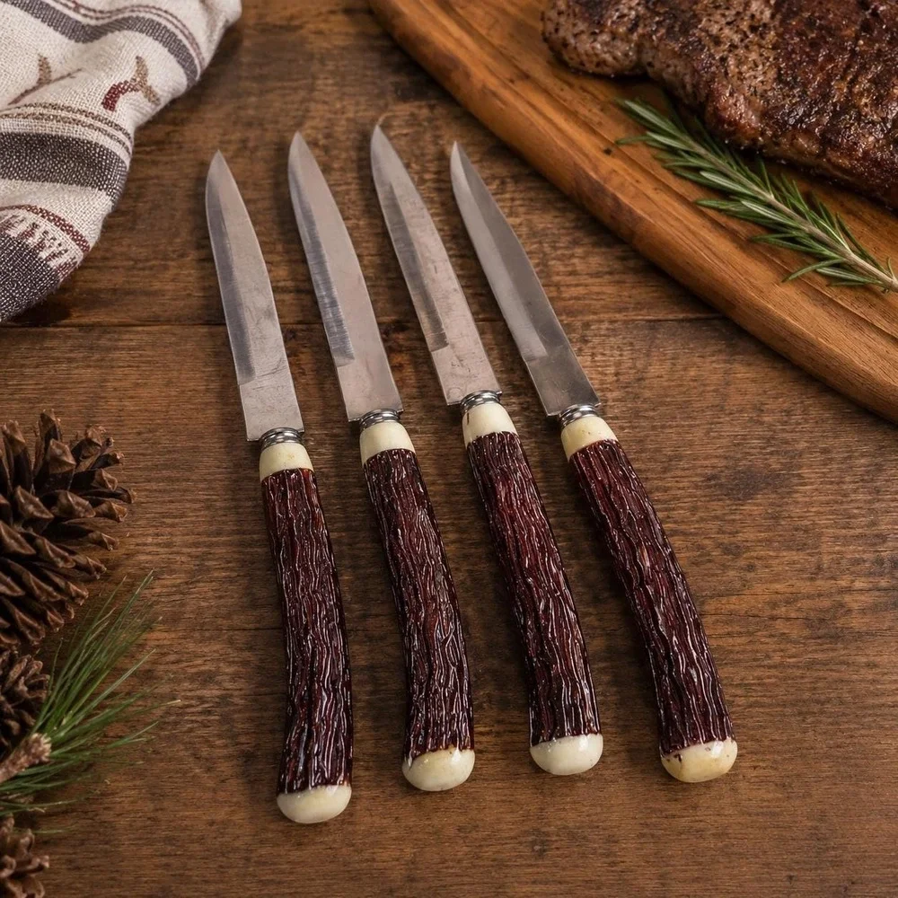 VTG Faux Antler Steak Knives Set of 4 Rustic Cabin Lodge Western Stag Style
